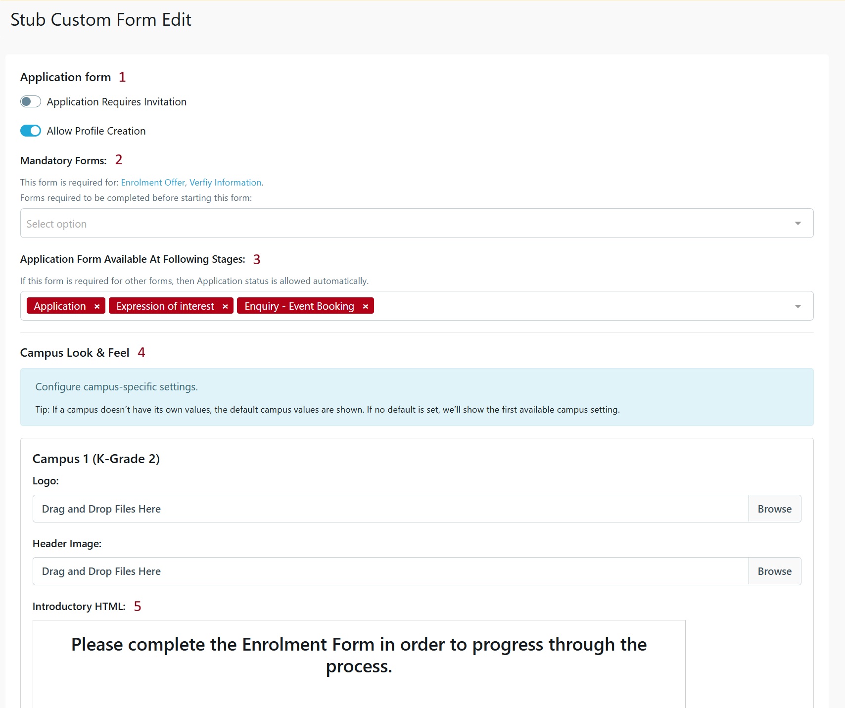 Application Custom Form Settings