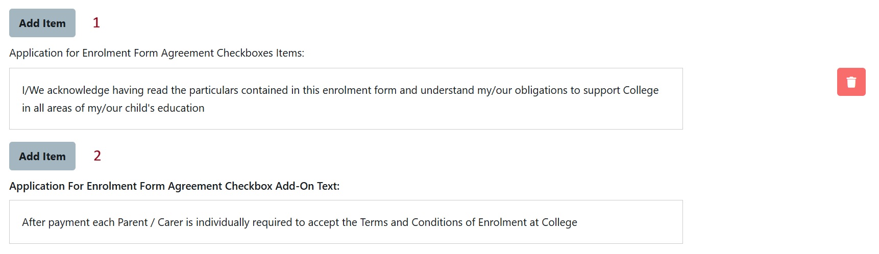 Application for Enrolment Agreement Checkboxes