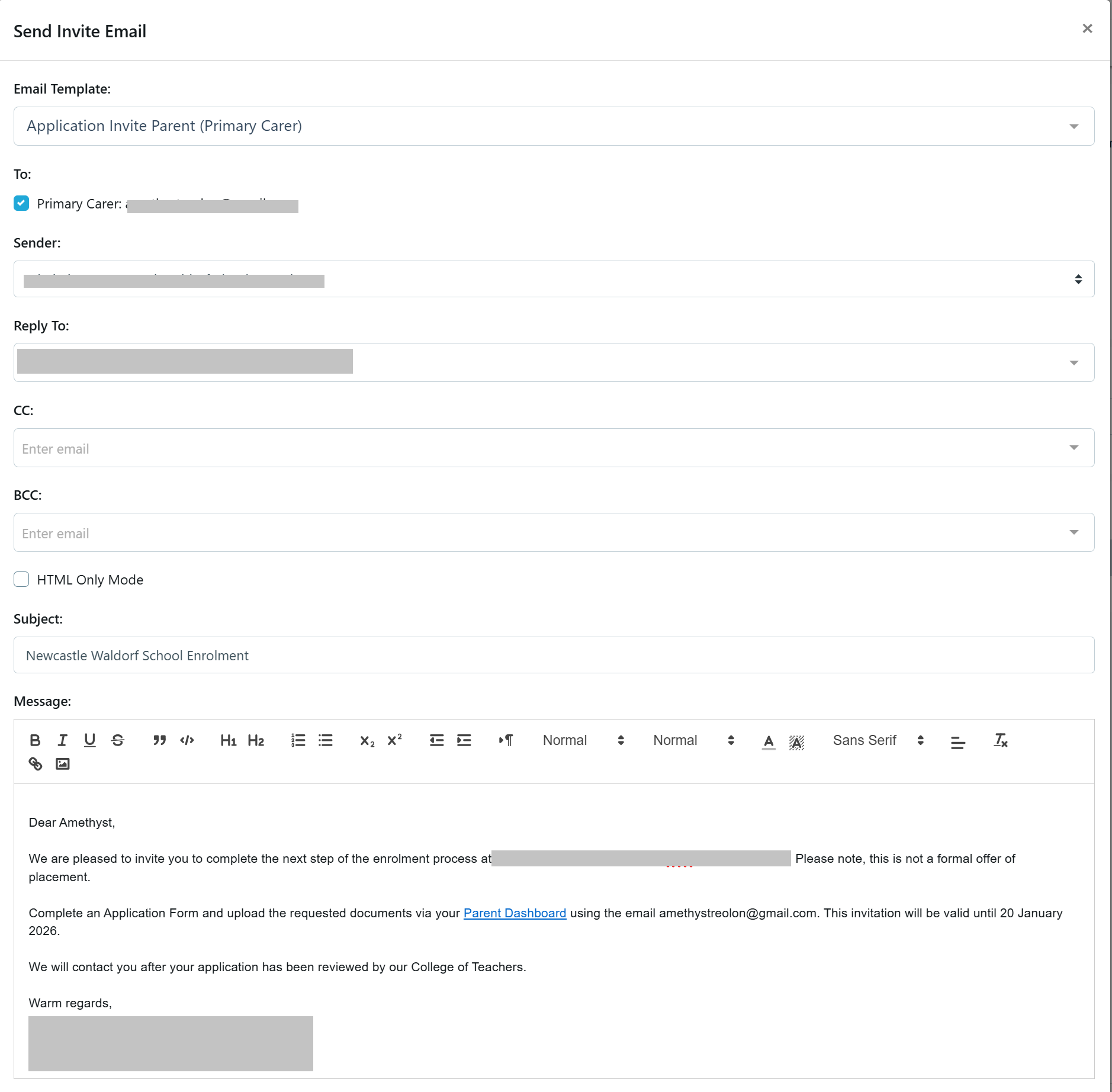 Application for enrolment invite email template Jan 2026