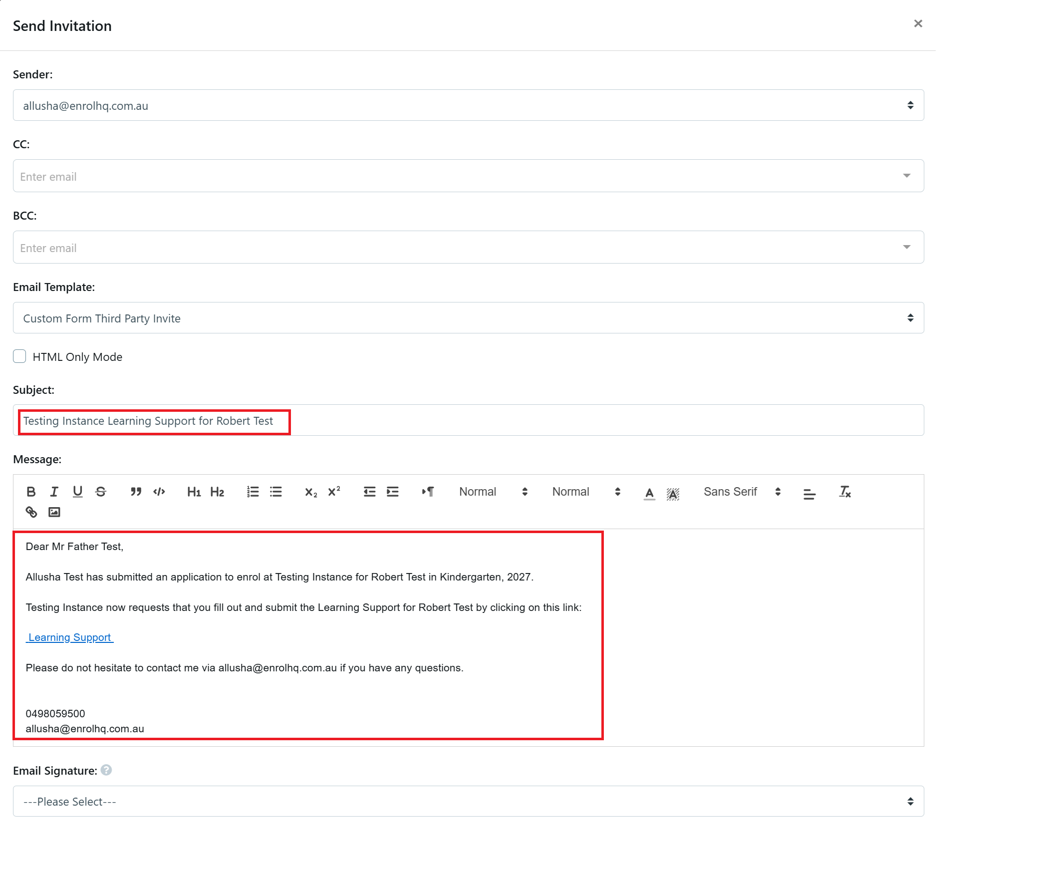 Custom Form 3rd send invitation email preview