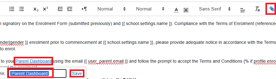 Email Template - update parent link