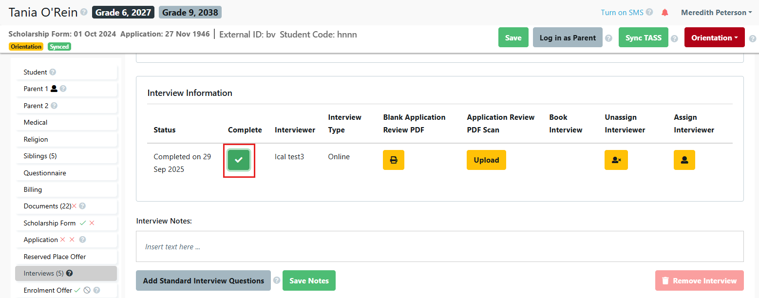 Interview Schedule Student Interview Completed Sept 2025