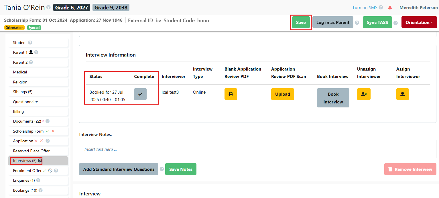 Interview Schedule Student link to Complete Interview Sept 2025