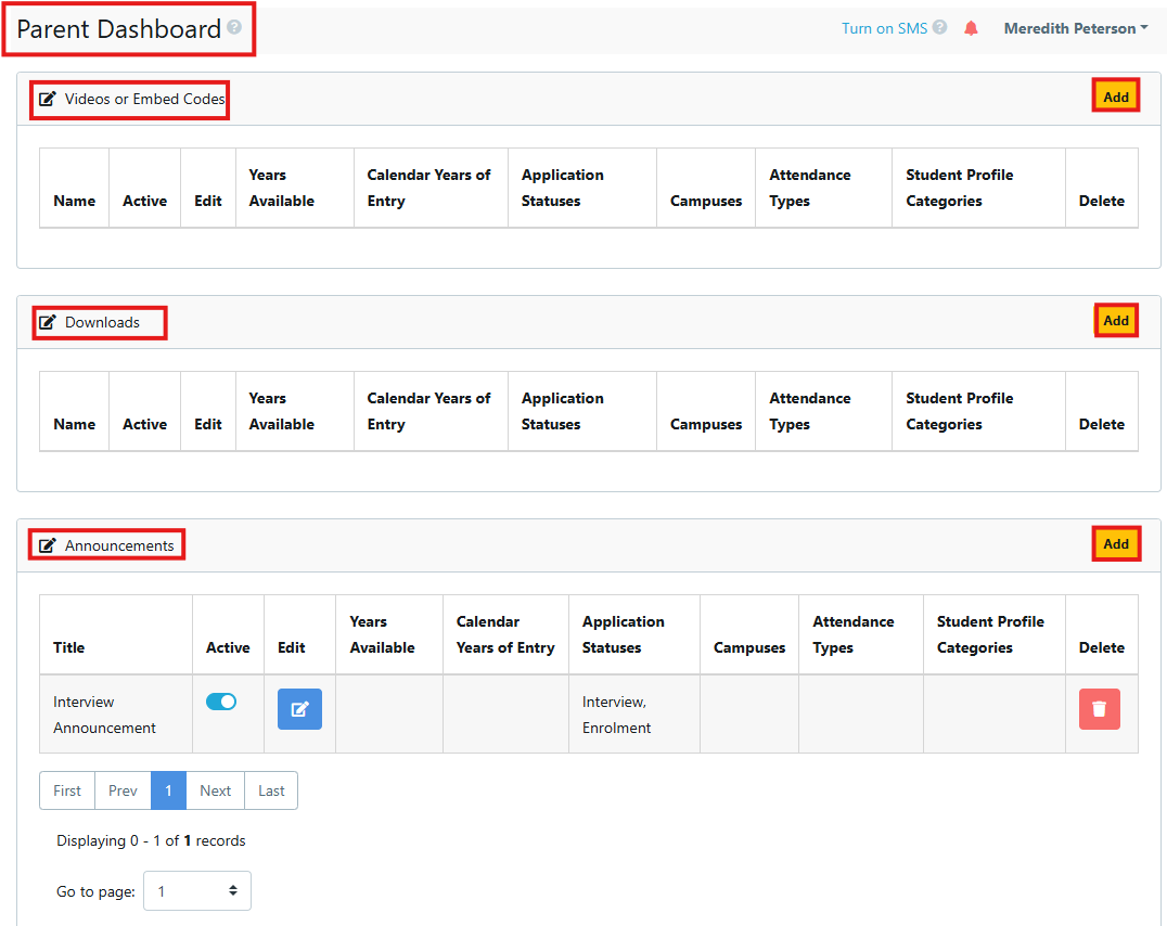 Parent Dashboard - mostly empty
