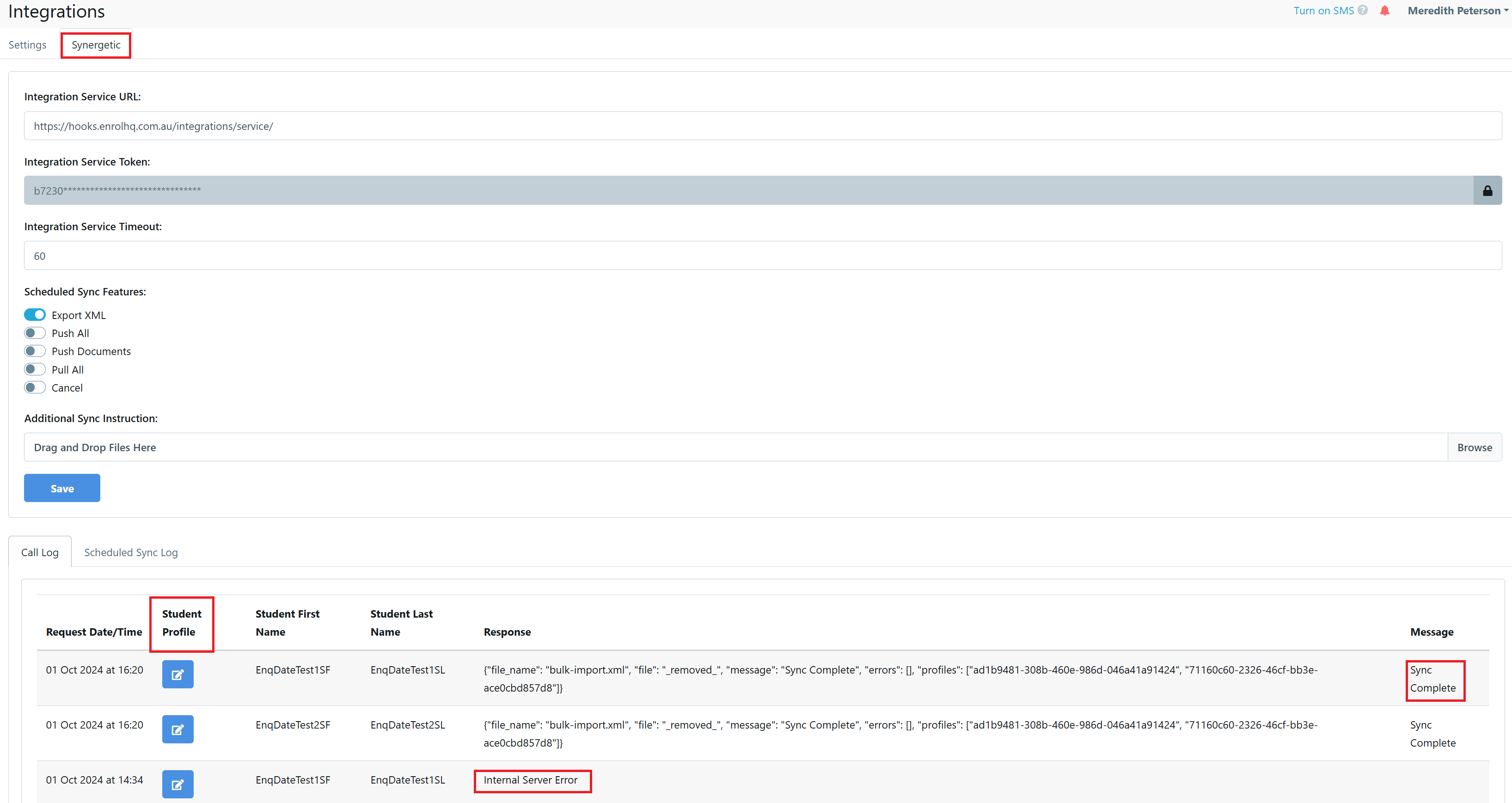 Settings Intergration SYNC Error
