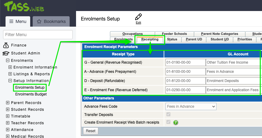TASS enrolment receipt types