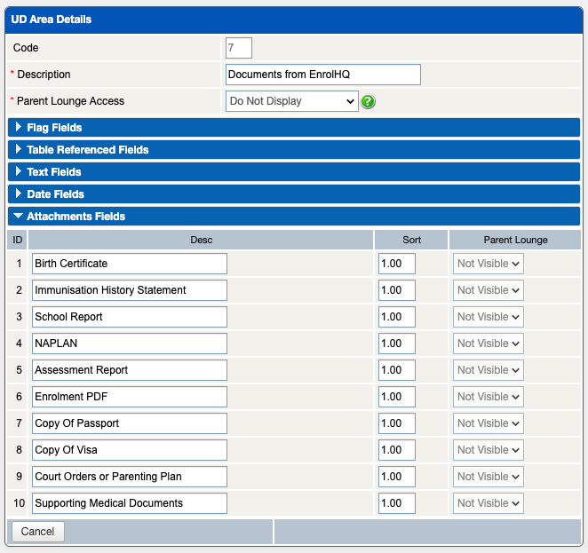 TASS UD Area Attachment Fields