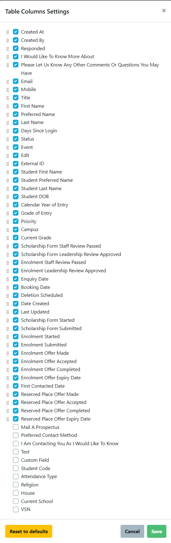 user setting Enquiry Default settings Mar 2025